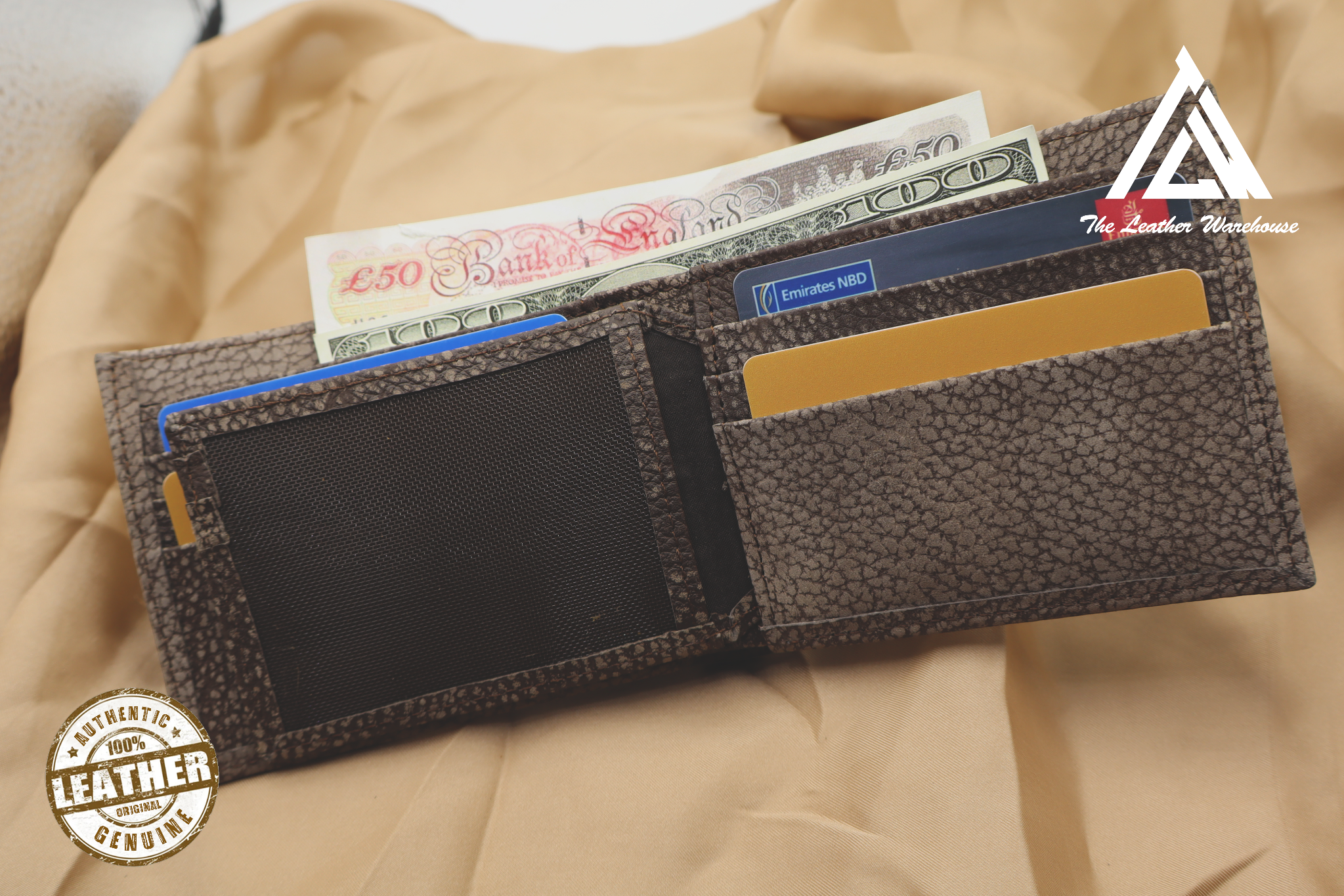 Genuine Textured Leather Bi-Fold Wallet - Authentic & Durable